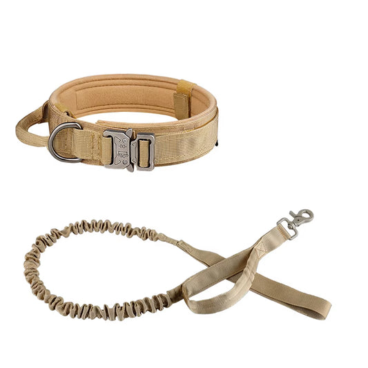Close-up of tactical dog collar and leash set in black, featuring heavy-duty nylon and metal hardware.
German Shepherd wearing tactical collar with padded lining for comfort.
Owner using tactical leash with control handle during outdoor walk.
Side view of durable dog collar buckle and reinforced stitching.
Full set: tactical dog collar and leash laid out on a wooden surface.
